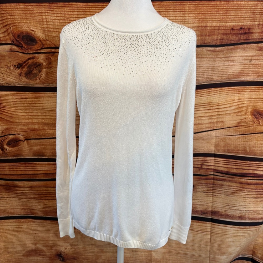 Calvin Klein Women's White Long Sleeve White Glam Rhinestone Sweater Size S